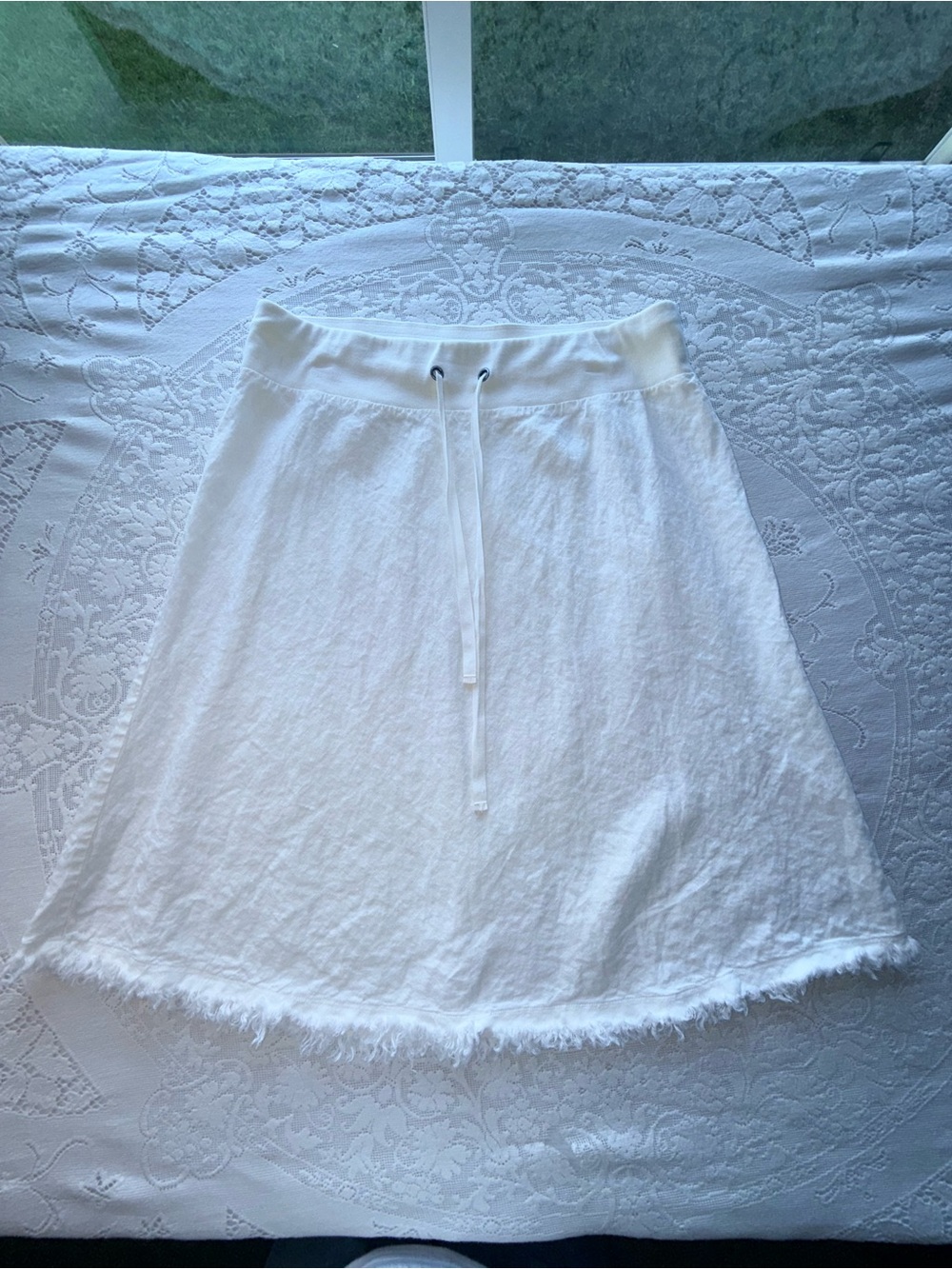 Eileen Fisher White Organic Linen Fringed A-Line Skirt Size Large L boho coastal